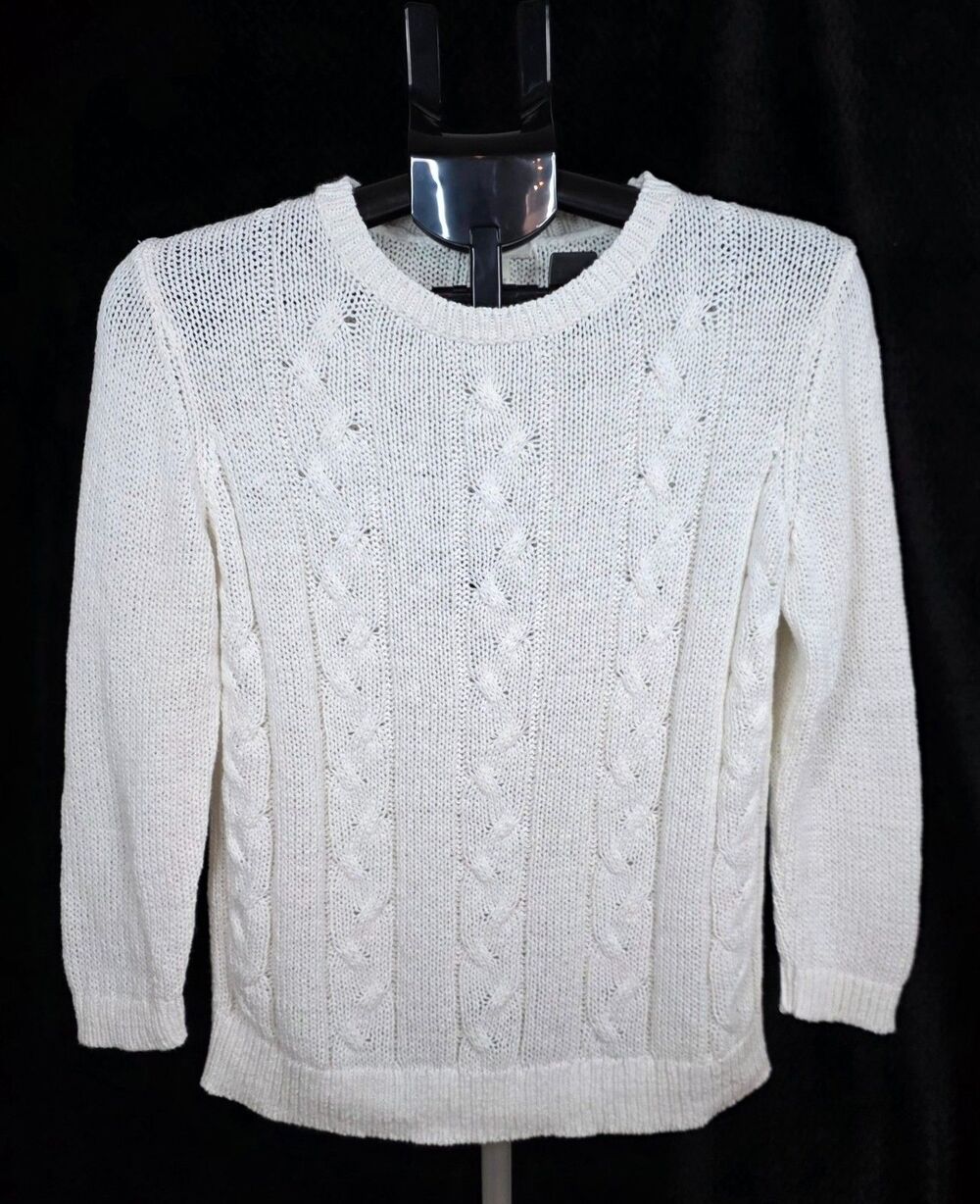 Talbots White Cable Knit Sweater | Size Small | Classic Cotton Blend Pullover - Picture 2 of 7